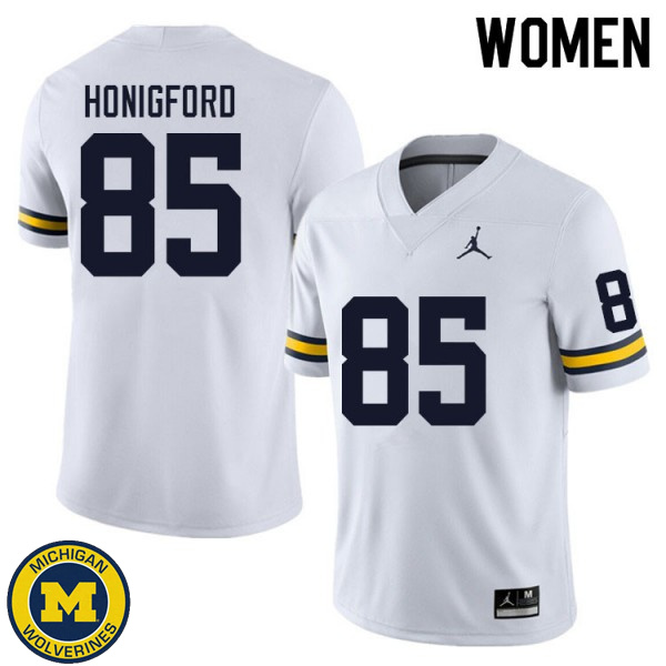 Women's University of Michigan #85 Joel Honigford White Football Jersey